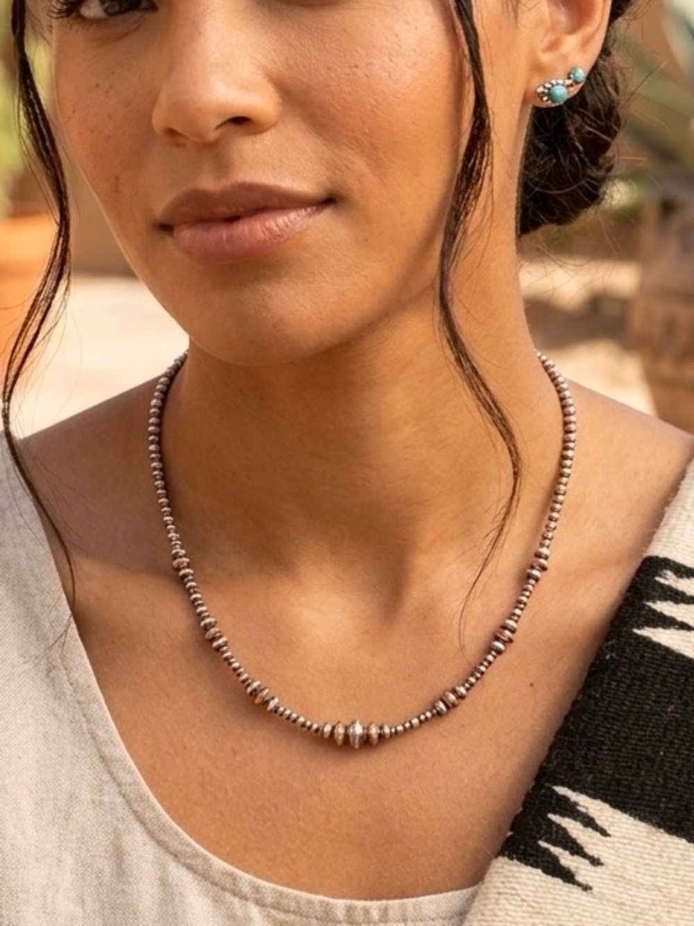 Southwest Navajo Pearl Inspired Silver And Copper Two Tone Beaded Necklace